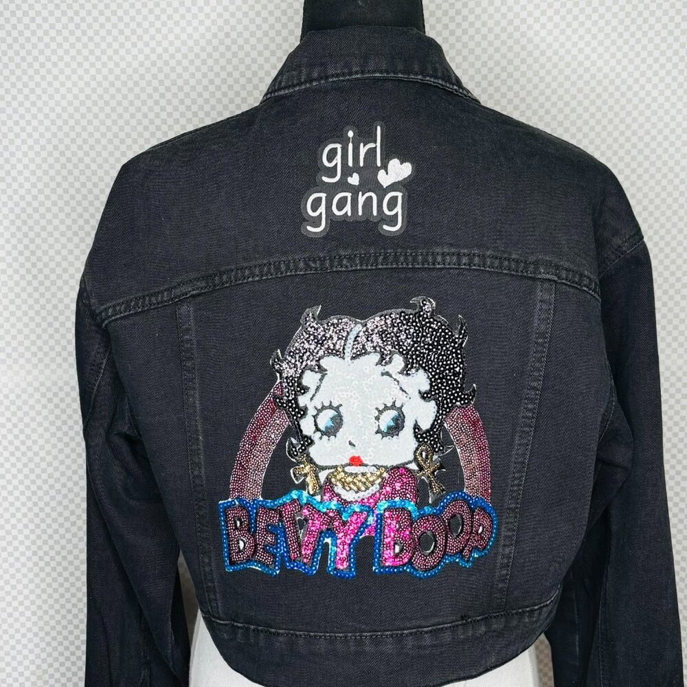 UpCycled Black Betty Boop cropped jean jacket with sequin & patch applique -S